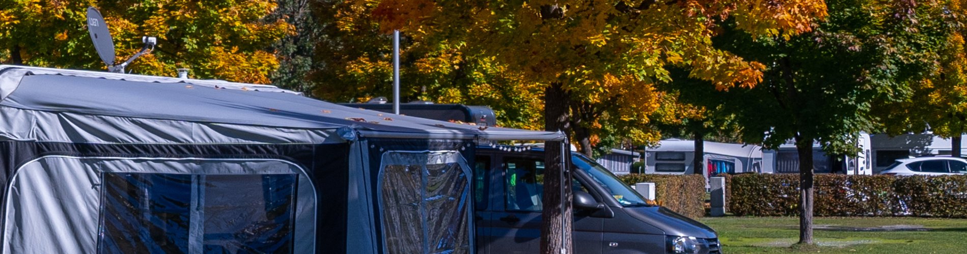 Vorzelt und Campingbus unter großen Bäumen